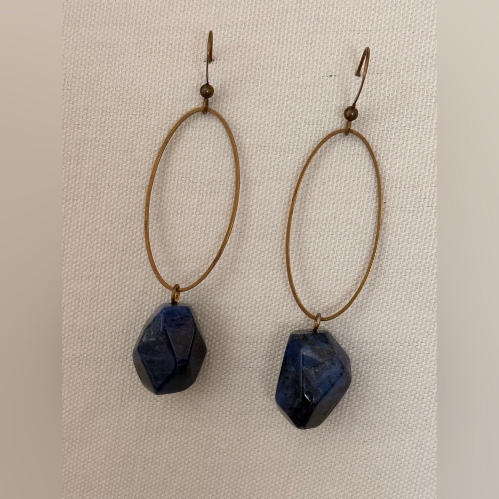 Blue Sodalite Stone Drop Earrings with Brass Hoops - Picture 2 of 7